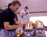 Joe Montana signs 49ers helmets